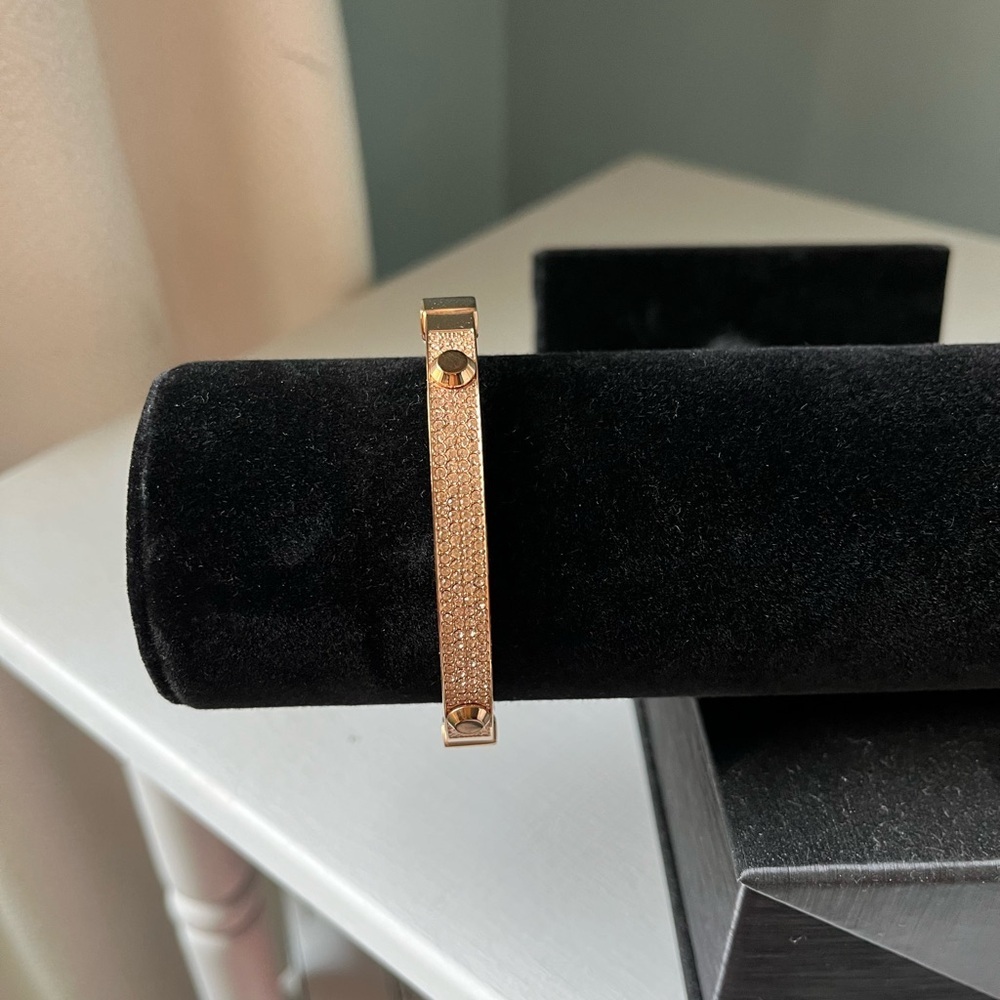 Michael Kors Rose Gold Pave Stone Hinged Bangle/Bracelet Clear Crystals 6.75 In. - Picture 10 of 12